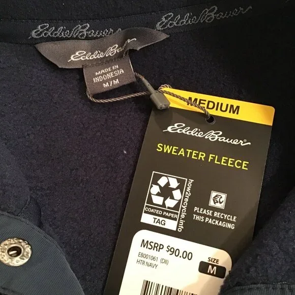 Eddie Bauer Sweater Fleece Men's Medium Pullover Heather Navy- NEW With Tags - Picture 4 of 7